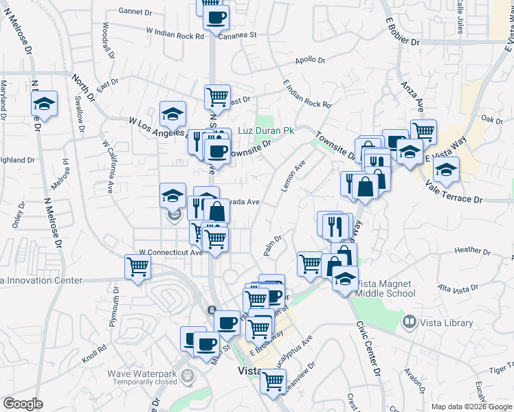 map of restaurants, bars, coffee shops, grocery stores, and more near 307 Nevada Avenue in Vista