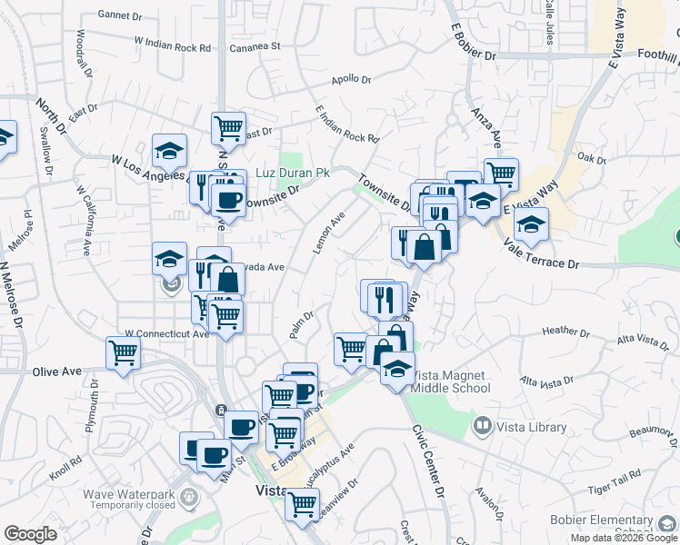 map of restaurants, bars, coffee shops, grocery stores, and more near 633 Hillside Terrace in Vista