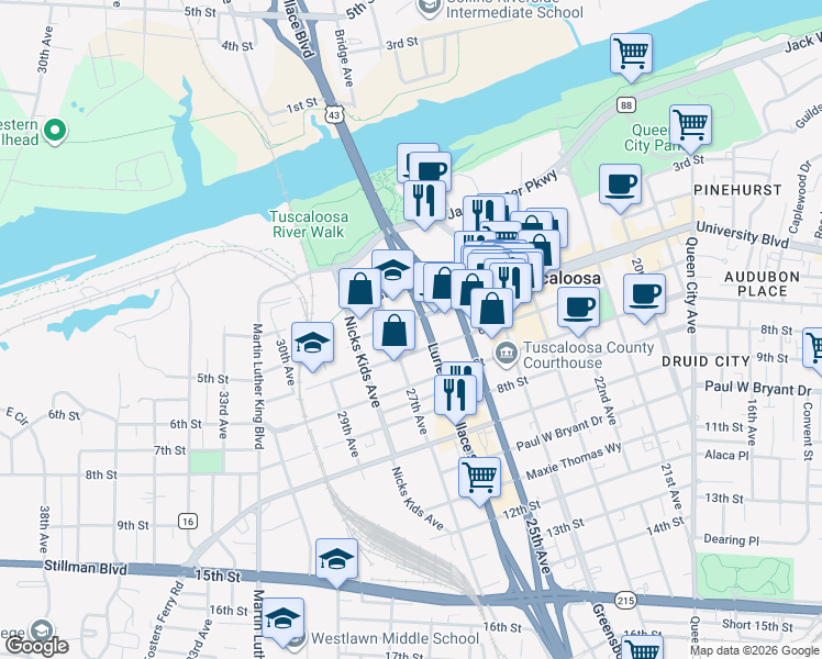 map of restaurants, bars, coffee shops, grocery stores, and more near 2613 University Boulevard in Tuscaloosa