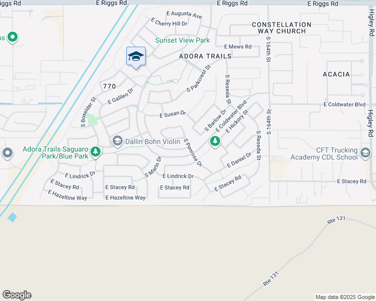map of restaurants, bars, coffee shops, grocery stores, and more near 2451 East Flintlock Drive in Gilbert