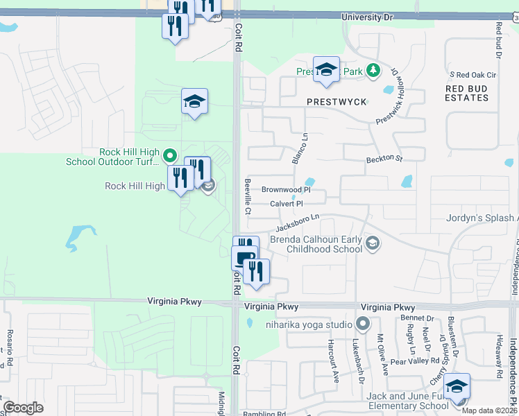 map of restaurants, bars, coffee shops, grocery stores, and more near 11017 Calvert Place in McKinney