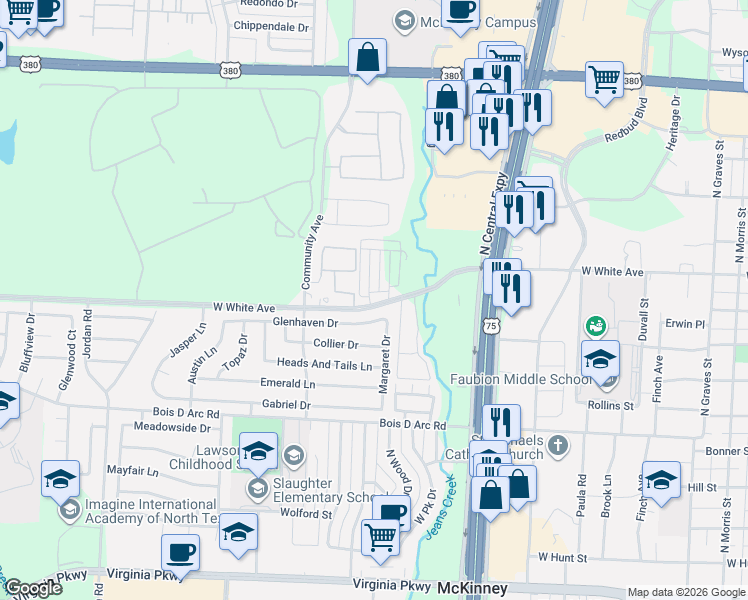 map of restaurants, bars, coffee shops, grocery stores, and more near 1201 Pebblebrook Drive in McKinney