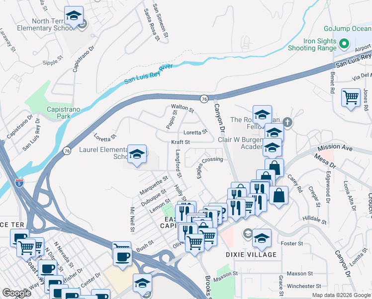 map of restaurants, bars, coffee shops, grocery stores, and more near 500 Lands End Way in Oceanside