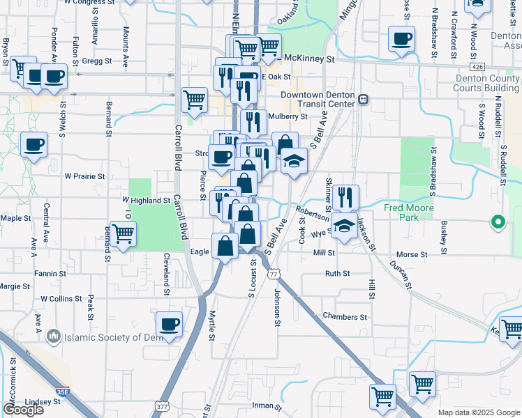 map of restaurants, bars, coffee shops, grocery stores, and more near 619 South Locust Street in Denton
