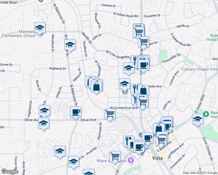 map of restaurants, bars, coffee shops, grocery stores, and more near 439 West California Avenue in Vista