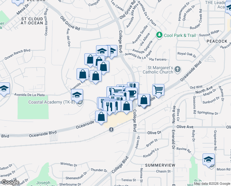 map of restaurants, bars, coffee shops, grocery stores, and more near 4101 Auburn Avenue in Oceanside