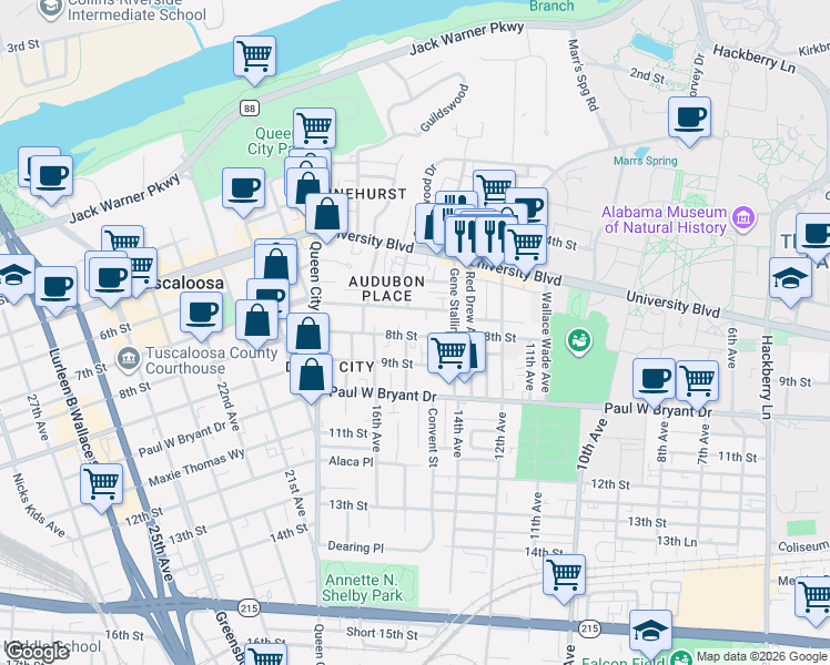 map of restaurants, bars, coffee shops, grocery stores, and more near 1419 8th Street in Tuscaloosa