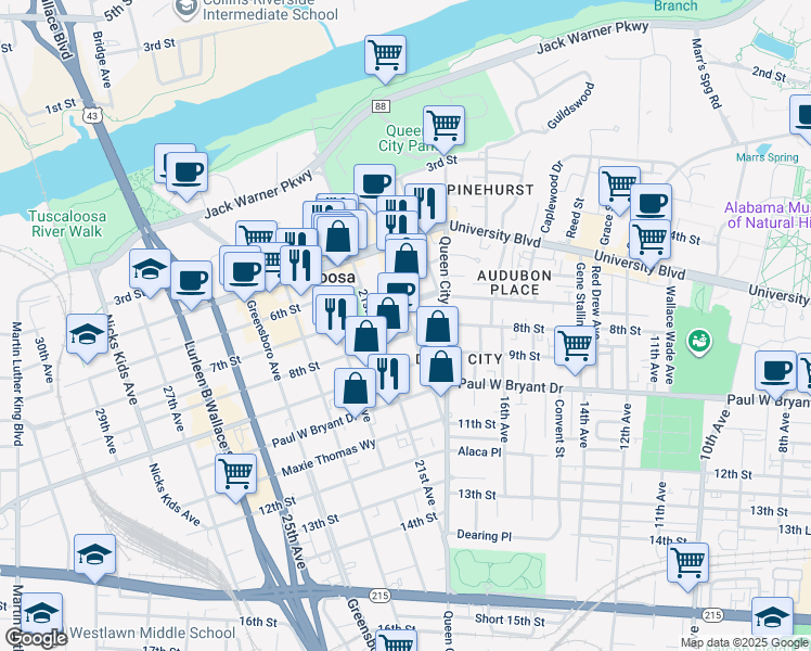 map of restaurants, bars, coffee shops, grocery stores, and more near 2036 8th Street in Tuscaloosa