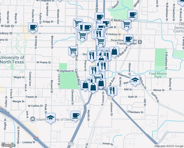 map of restaurants, bars, coffee shops, grocery stores, and more near 624a South Elm Street in Denton