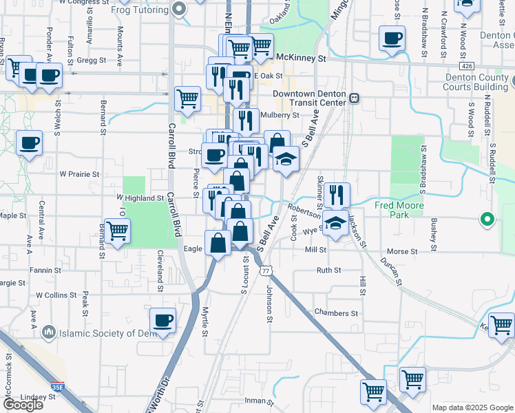 map of restaurants, bars, coffee shops, grocery stores, and more near 619 South Locust Street in Denton