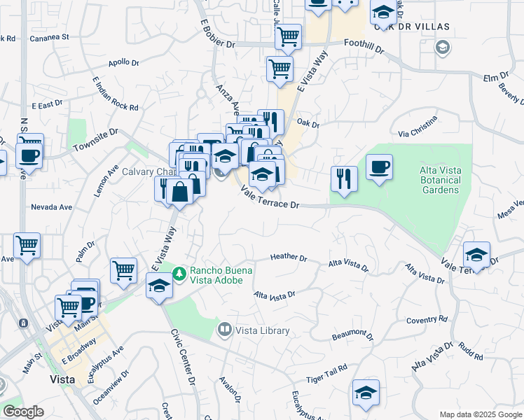 map of restaurants, bars, coffee shops, grocery stores, and more near 981 Vale Terrace Drive in Vista