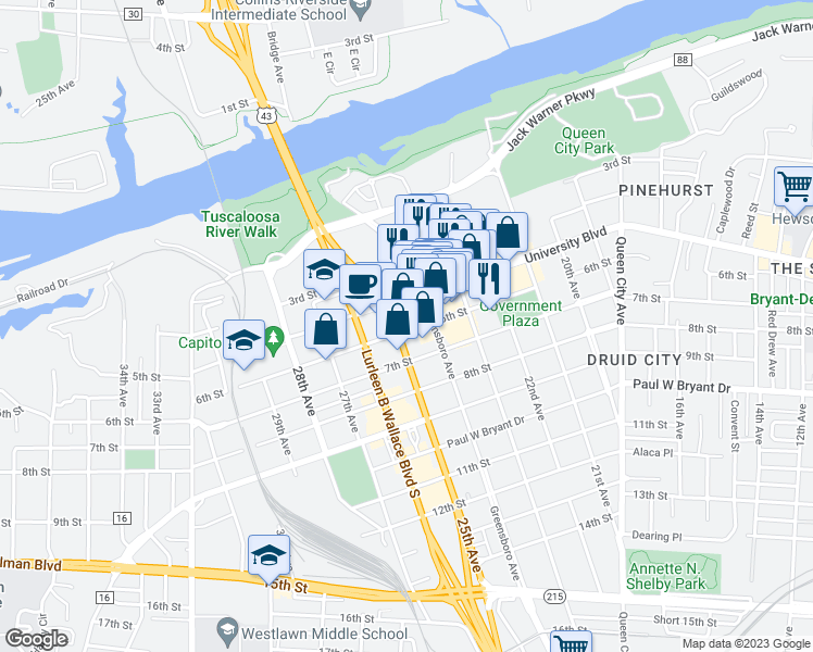 map of restaurants, bars, coffee shops, grocery stores, and more near 2420 6th Street in Tuscaloosa