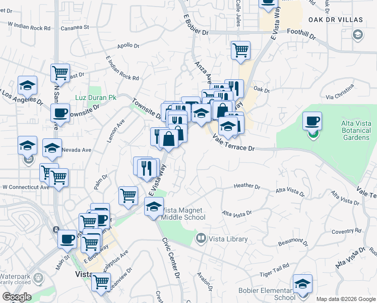 map of restaurants, bars, coffee shops, grocery stores, and more near 740 Buena Vista Drive in Vista