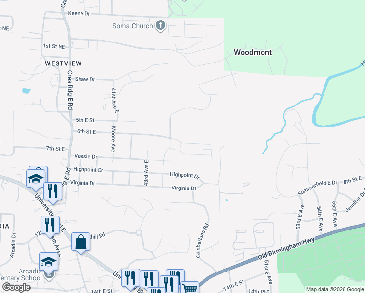 map of restaurants, bars, coffee shops, grocery stores, and more near 4603 6th Street East in Tuscaloosa