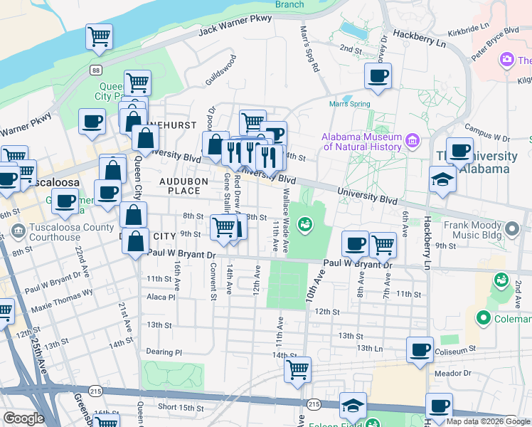 map of restaurants, bars, coffee shops, grocery stores, and more near 1201 8th Street in Tuscaloosa