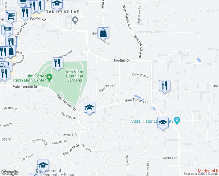 map of restaurants, bars, coffee shops, grocery stores, and more near 1653 Mesa Verde Drive in Vista