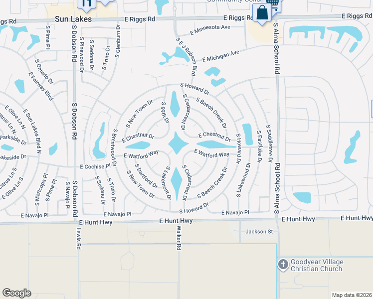 map of restaurants, bars, coffee shops, grocery stores, and more near 10009 East Watford Way in Sun Lakes