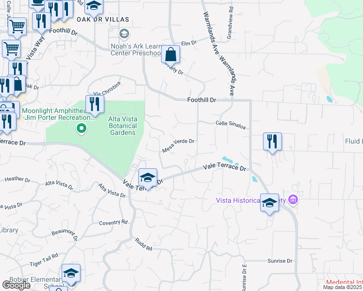 map of restaurants, bars, coffee shops, grocery stores, and more near 1653 Mesa Verde Drive in Vista
