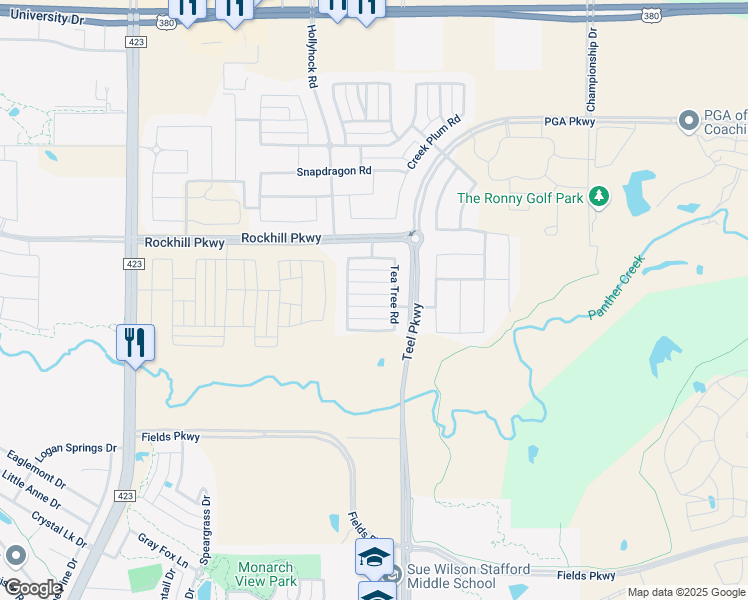 map of restaurants, bars, coffee shops, grocery stores, and more near 2212 Olive Branch Road in Frisco