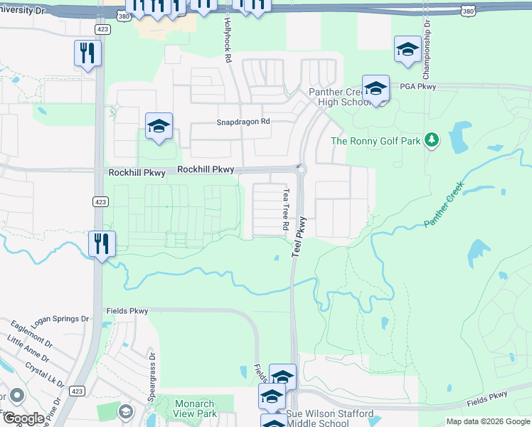 map of restaurants, bars, coffee shops, grocery stores, and more near 2212 Olive Branch Road in Frisco