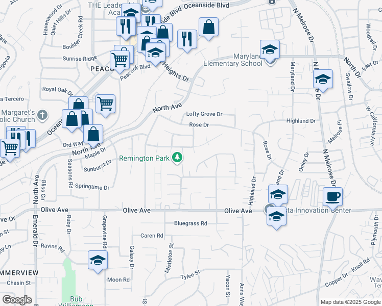 map of restaurants, bars, coffee shops, grocery stores, and more near 2729 Pepper Tree Drive in Oceanside