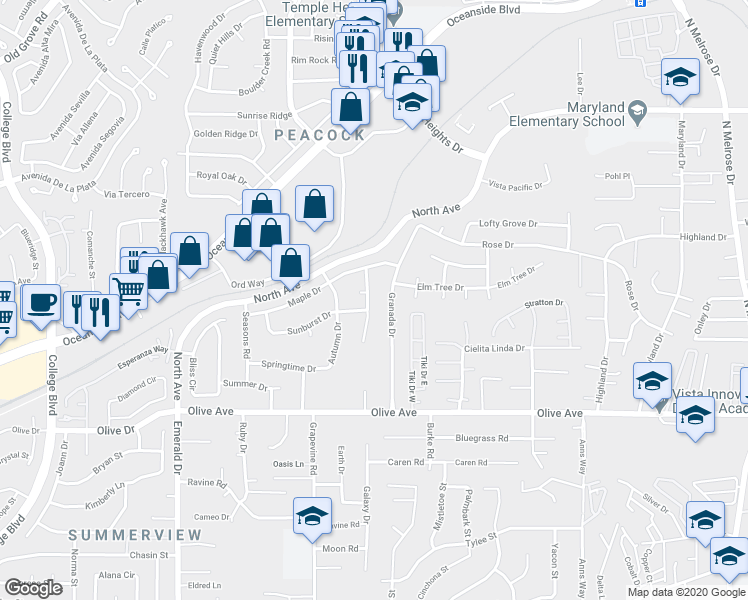 map of restaurants, bars, coffee shops, grocery stores, and more near 2227 Fallingleaf Road in Oceanside