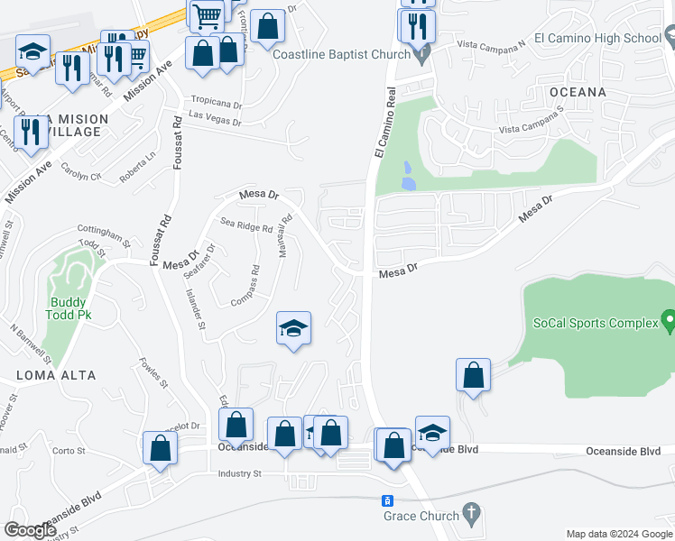 map of restaurants, bars, coffee shops, grocery stores, and more near in Oceanside