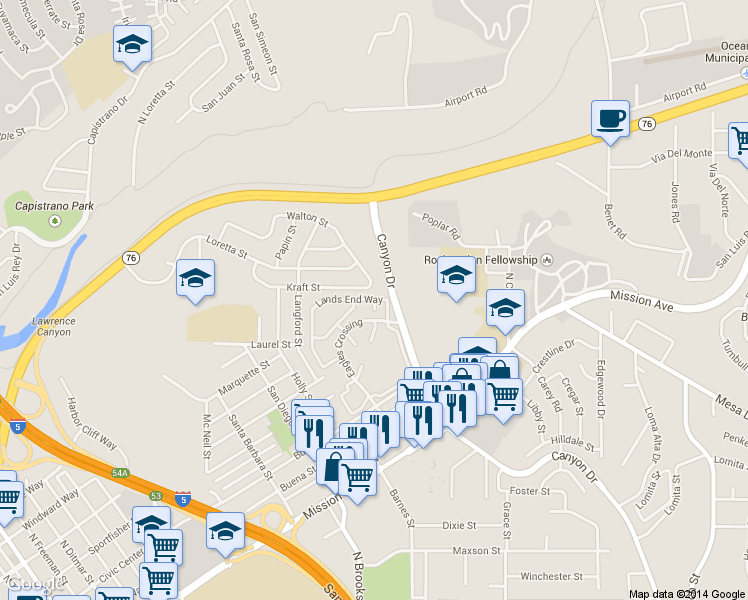 map of restaurants, bars, coffee shops, grocery stores, and more near 555 Lands End Way in Oceanside