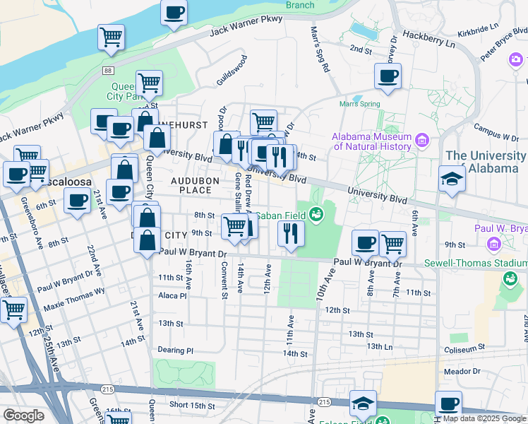 map of restaurants, bars, coffee shops, grocery stores, and more near 1201 8th Street in Tuscaloosa