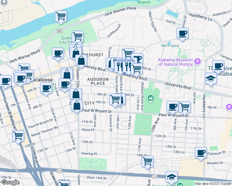 map of restaurants, bars, coffee shops, grocery stores, and more near 1305 8th Street in Tuscaloosa