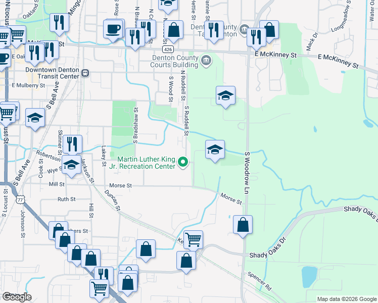map of restaurants, bars, coffee shops, grocery stores, and more near 1225 Wilson Street in Denton