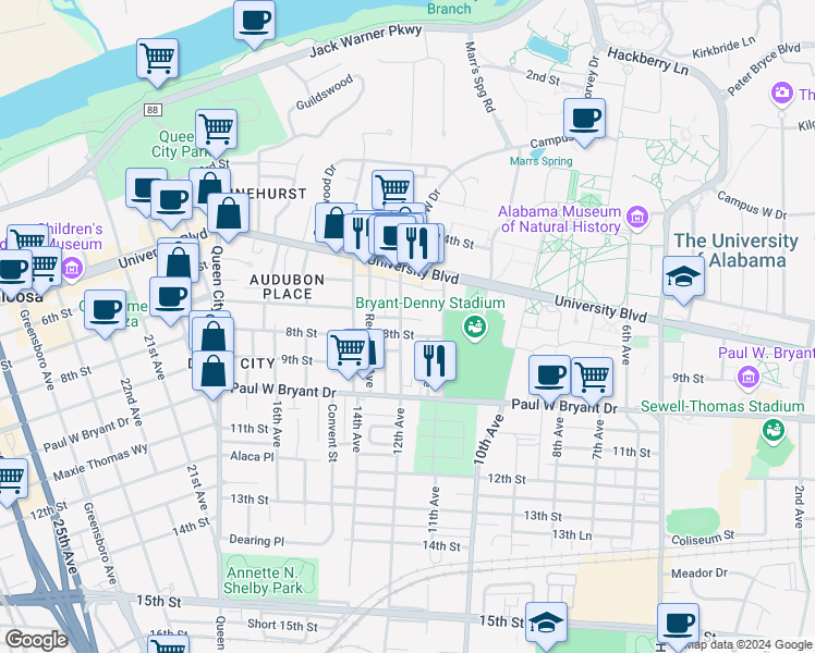 map of restaurants, bars, coffee shops, grocery stores, and more near 1120 8th Street in Tuscaloosa
