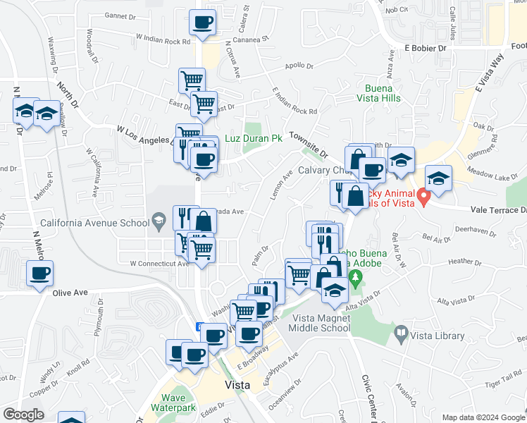 map of restaurants, bars, coffee shops, grocery stores, and more near 712 Lemon Avenue in Vista