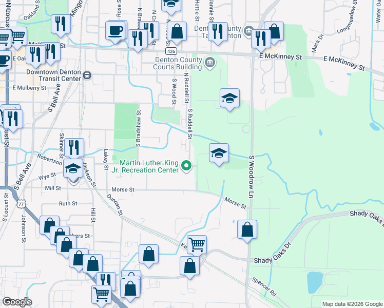 map of restaurants, bars, coffee shops, grocery stores, and more near 1225 Wilson Street in Denton