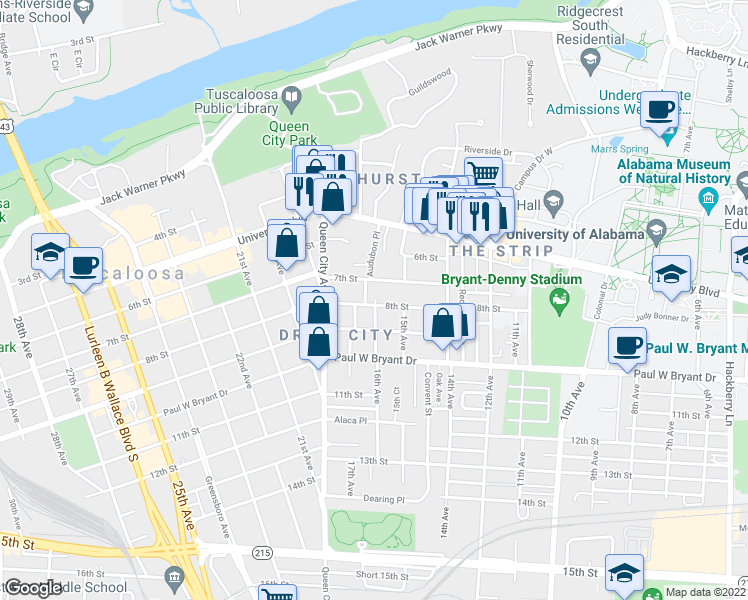 map of restaurants, bars, coffee shops, grocery stores, and more near 1600 8th Street in Tuscaloosa