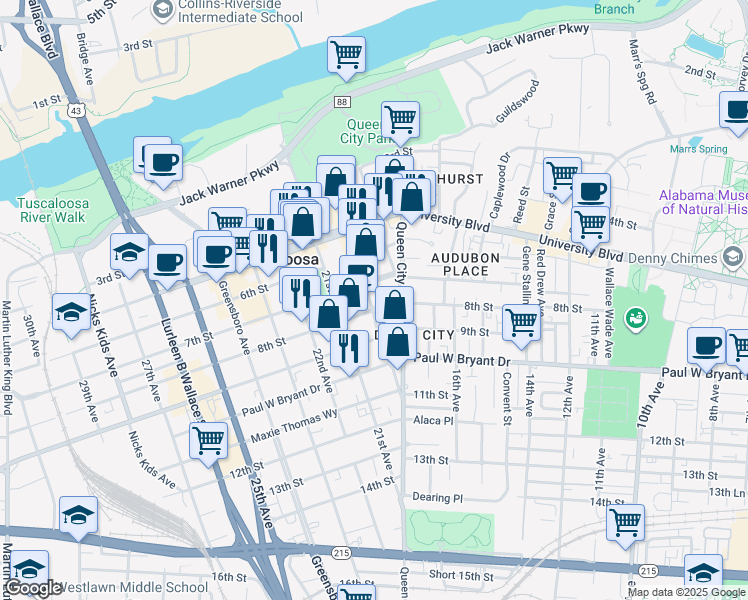 map of restaurants, bars, coffee shops, grocery stores, and more near 1913 8th Street in Tuscaloosa