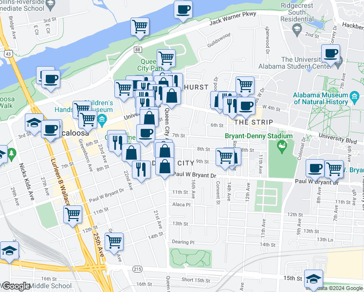 map of restaurants, bars, coffee shops, grocery stores, and more near 1706 8th Street in Tuscaloosa
