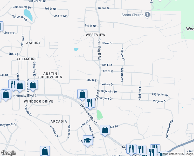 map of restaurants, bars, coffee shops, grocery stores, and more near 3733-3799 7th Street East in Tuscaloosa