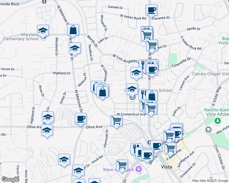 map of restaurants, bars, coffee shops, grocery stores, and more near 503 West California Avenue in Vista