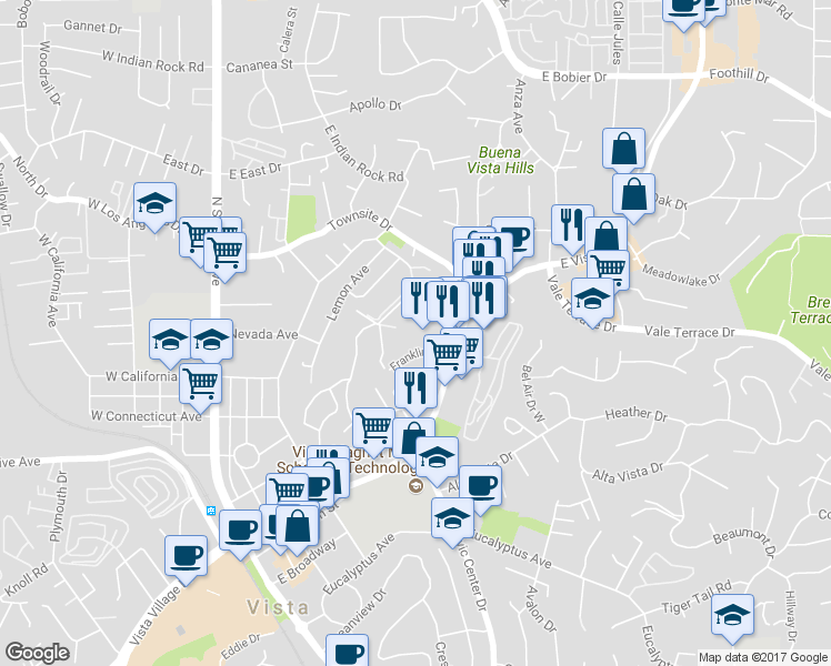 map of restaurants, bars, coffee shops, grocery stores, and more near 726 Franklin Lane in Vista