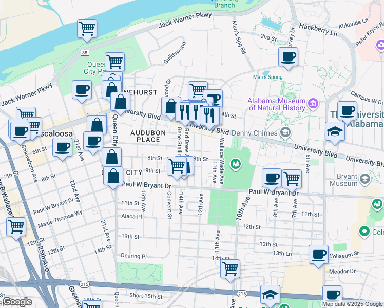 map of restaurants, bars, coffee shops, grocery stores, and more near 1201 8th Street in Tuscaloosa