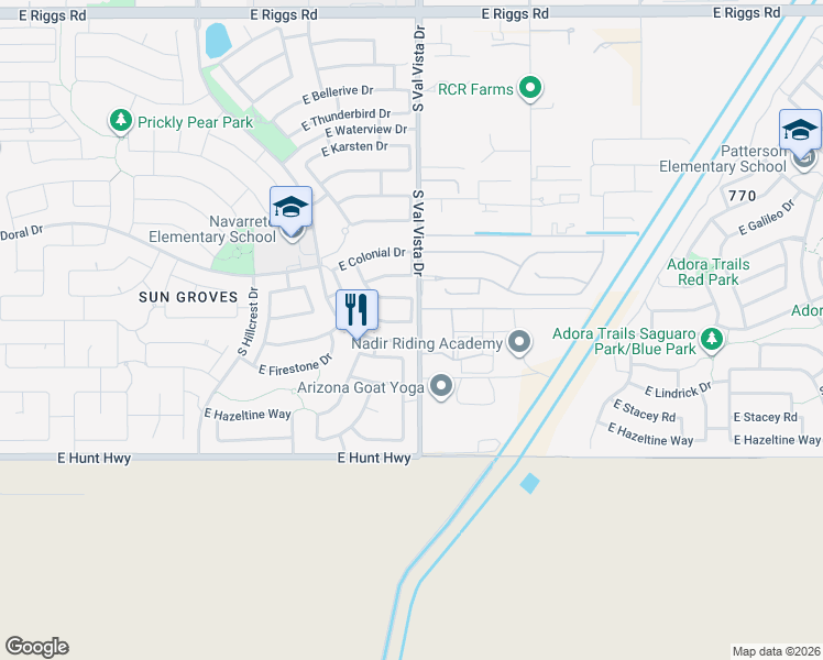 map of restaurants, bars, coffee shops, grocery stores, and more near 4922 East Firestone Drive in Chandler