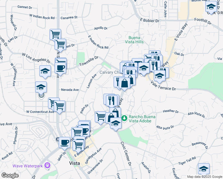 map of restaurants, bars, coffee shops, grocery stores, and more near 720A Franklin Lane in Vista