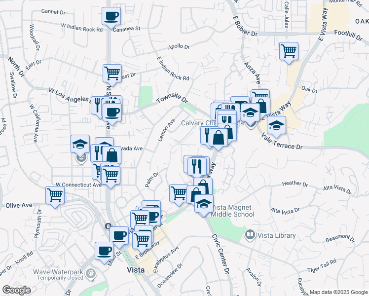map of restaurants, bars, coffee shops, grocery stores, and more near 328 Hillside Court in Vista