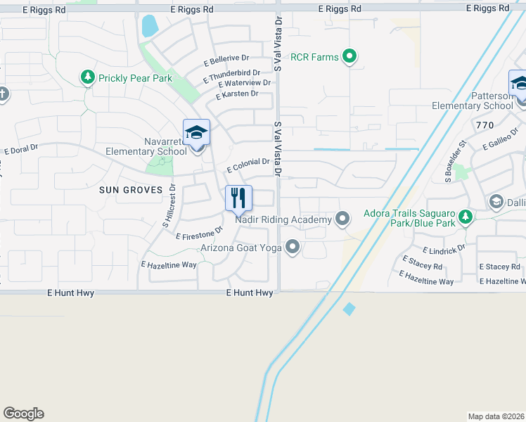 map of restaurants, bars, coffee shops, grocery stores, and more near 6718 South Garnet Way in Chandler