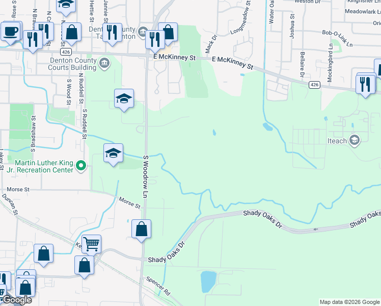 map of restaurants, bars, coffee shops, grocery stores, and more near 721 South Woodrow Lane in Denton