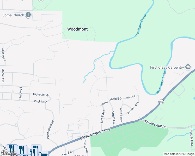 map of restaurants, bars, coffee shops, grocery stores, and more near 5310 7th Street East in Tuscaloosa