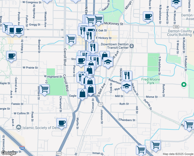 map of restaurants, bars, coffee shops, grocery stores, and more near 619 South Locust Street in Denton