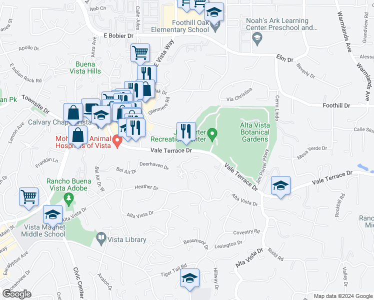 map of restaurants, bars, coffee shops, grocery stores, and more near 1200 Vale Terrace Drive in Vista
