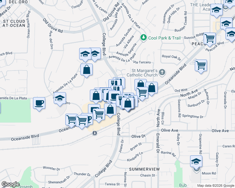 map of restaurants, bars, coffee shops, grocery stores, and more near 1957 College Boulevard in Oceanside